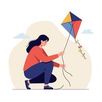 Young woman crouching while holding colorful kite string in flat modern minimal illustration vector