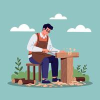 Man crafting wooden objects with chisel and mallet in flat detailed style woodworking illustration vector