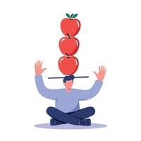 Man balancing three red apples on a stick above his head in a minimal flat design illustration vector