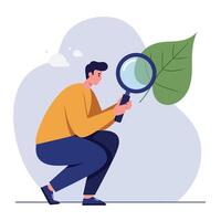 Young man examining a large green leaf with magnifying glass in minimal flat design nature study illustration vector