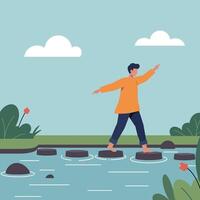 Man balancing on stepping stones crossing water with plants and clouds in minimal flat illustration vector