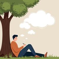 Young man sitting under leafy tree writing in notebook with thoughtful expression flat minimal illustration vector