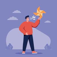 Young man holding spinning pinwheel outdoors in flat minimal design illustration vector