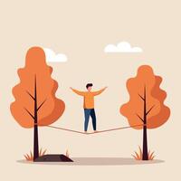 Man balancing on tightrope between orange autumn trees in minimal flat design illustration vector