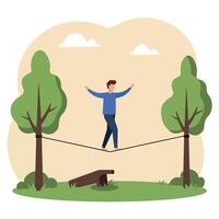 Man balancing on slackline between two green trees in flat style illustration vector