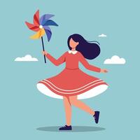 Young woman in flowing red dress holding colorful pinwheel spinning outdoors flat design illustration vector