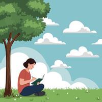 Young woman sitting under tree writing in notebook outdoors with green grass and blue sky flat design art vector