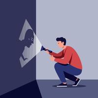Man crouching and shining flashlight on shadow of himself with angry face in flat minimal illustration vector