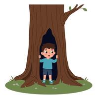 Young boy standing inside hollow tree trunk with surprised expression flat cartoon style illustration vector