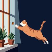 Ginger tabby cat leaping toward orange butterfly by window with potted plants in flat minimal illustration vector