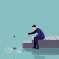 Man sitting on concrete steps tossing a stone into calm water in minimal flat style illustration vector