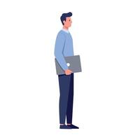 Young man standing with closed laptop in hand wearing casual clothes flat minimal illustration vector