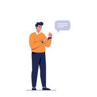 Young man checking smartwatch with message notification in casual outfit flat design illustration vector