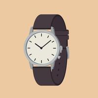 Wristwatch with brown leather strap and silver case minimal flat design showing time on white dial art vector