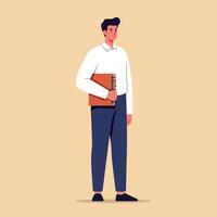 Young man standing confidently holding a notebook in casual clothing flat design illustration vector