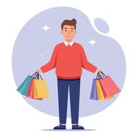 Young man holding colorful shopping bags with casual outfit in flat design style illustration vector