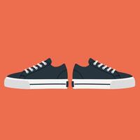 Pair of casual black sneakers with white soles and laces in flat minimal design on orange background illustration vector