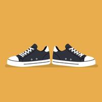 Black casual sneakers with white laces and soles in flat design style isolated on yellow background illustration vector