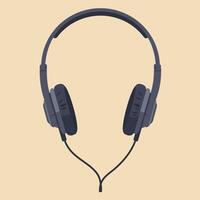 Black over-ear headphones with cord in flat minimal design style on beige background illustration vector