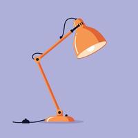 Orange adjustable desk lamp with articulated arms and cord on purple background minimal flat illustration vector