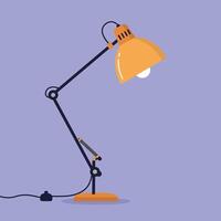 Adjustable orange desk lamp with black articulated arm in flat minimal style on purple background illustration vector
