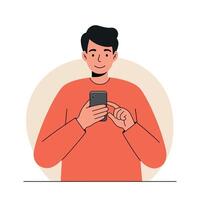 Young man with black hair wearing red sweater using smartphone with focused expression in minimal flat style illustration vector