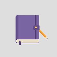 Purple closed notebook with yellow pencil attached in flat minimal design style illustration vector