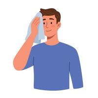 Young man wiping sweat from forehead with towel in flat design style illustration vector