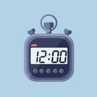 Digital stopwatch with dark blue body and buttons showing twelve oclock in flat style illustration vector