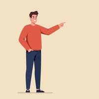 Young man in casual clothing smiling and pointing to side standing confidently minimal flat illustration vector