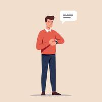 Young man checking smartwatch with speech bubble in flat minimal style digital illustration vector