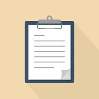 Clipboard with paper and metal clip in flat style showing written lines and page curl illustration vector