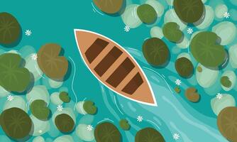 boat floating on the water surrounded by lily pads vector