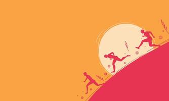 People running on a hill with the sun in the background vector