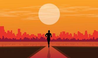 A silhouette of a man running in front of a city at sunset vector