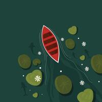 A red boat floating on the water surrounded by lily pads vector