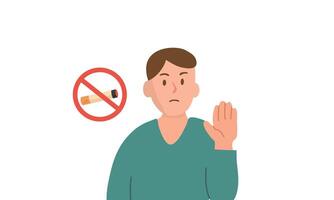 A man is holding his hand up in front of a sign that says no smoking vector