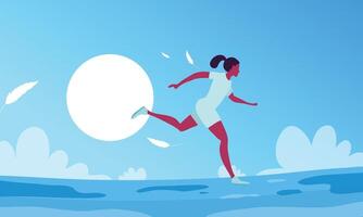 A woman running in the sky with a large white ball vector