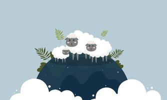 Sheep on a hill with clouds and plants vector