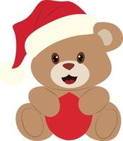 A teddy bear wearing a santa hat holding a red heart vector