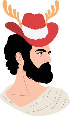A man with a beard and antlers wearing a red hat