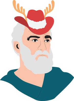 A cartoon man wearing a hat with antlers on it