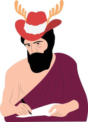 A cartoon man wearing a deer hat and writing