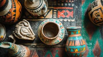 An assortment of colorful pottery on a table photo