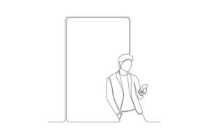 Man leaning against the wall and using smartphone one-line art drawing. vector