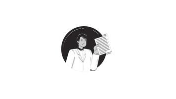 Young indian office worker presenting document outline 2D character doodle animation. Smiling business man proposal delivering animated person avatar isolated on white. Linear drawing 4K video