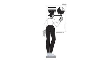 Black woman analyzing pie chart on presentation board outline 2D character doodle animation. Female analyst pen drawing data report animated person isolated on white. Linear drawing 4K video