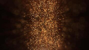 Abstract background of golden particles. Golden glitter background. Gold dust and beautiful bokeh on dark background, particle flow. Seamless loop video