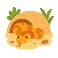 Adorable orange snake resting inside a cozy sandy hideout, colorful flat cartoon illustration. vector