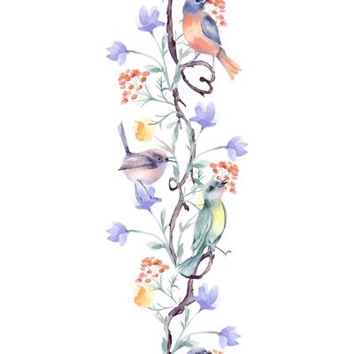 Vertical seamless border with colorful birds on vine, hearts shape by watercolor isolated. Romantic branch with delicate flowers on frame hand drawn. Romantic illustration with floral elements.